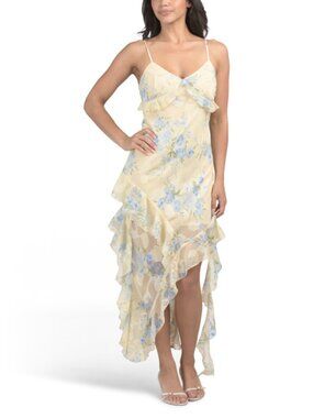 THIRTY THIRTY Floral Printed Satin Ruffle Hi-lo Maxi Dress